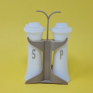 NOS 4" Tupperware 831-33 Hourglass White Salt & Pepper Shakers + Tan Carrier